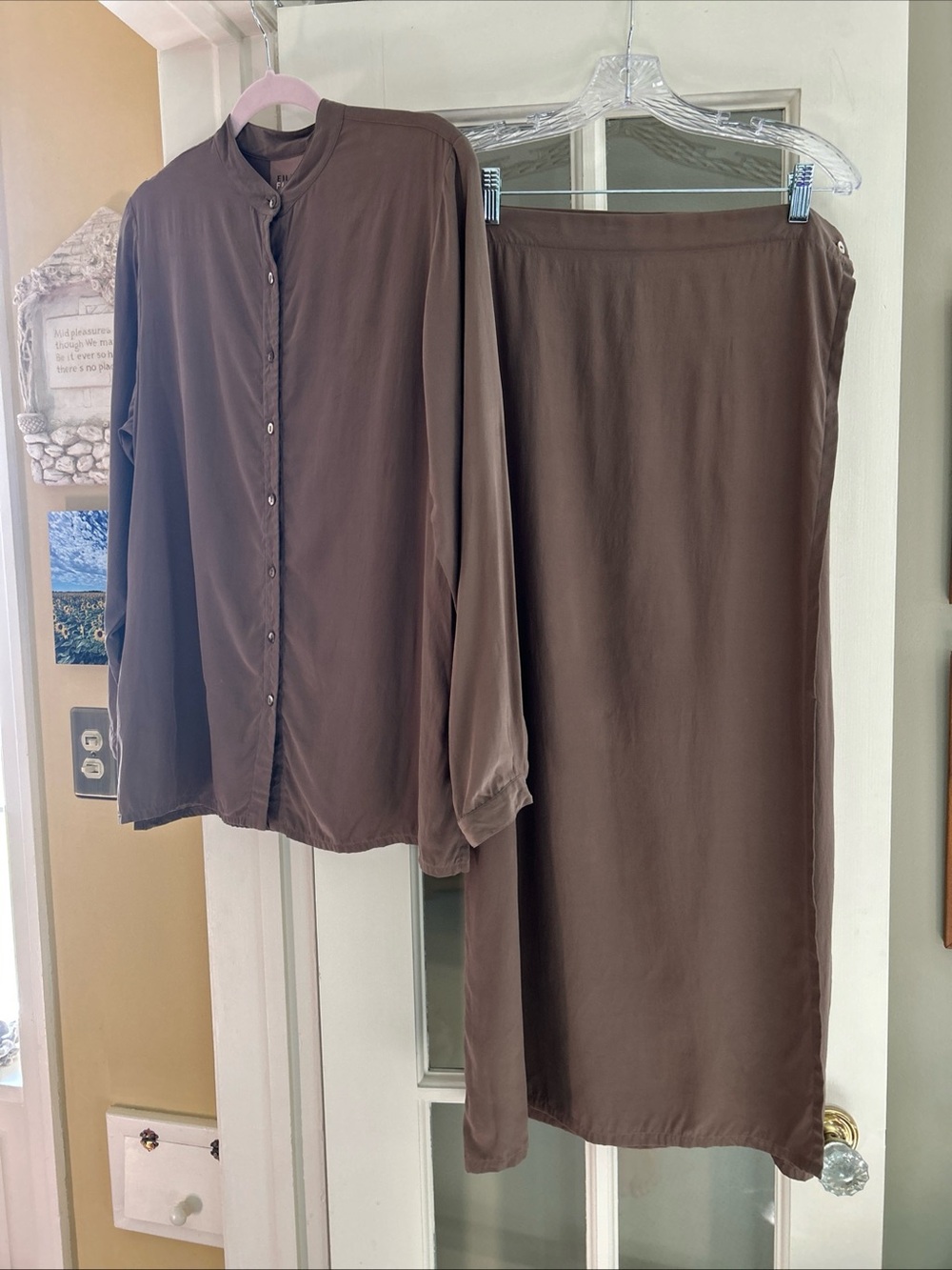EILEEN FISHER NY TAUPE 100% SILK LONG TUNIC WRAP SKIRT SUIT SZ S/M EXCELLENT - Picture 5 of 12
